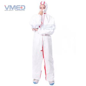 빨간색 스트립이있는 일회용 흰색 미세 다공성 보호 작업복